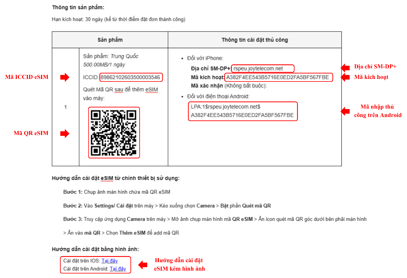Thông tin eSIM trong email: mã ICCID, mã QR, địa chỉ SM-DP+, mã kích hoạt