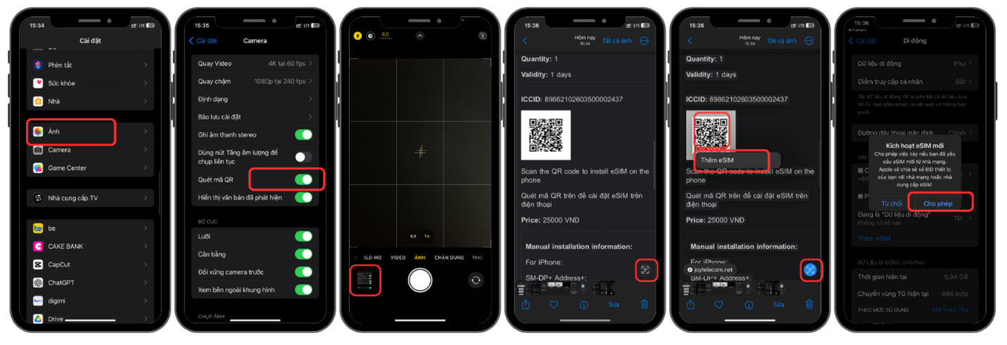 Cài eSIM từ ảnh chụp mã QR trên iPhone